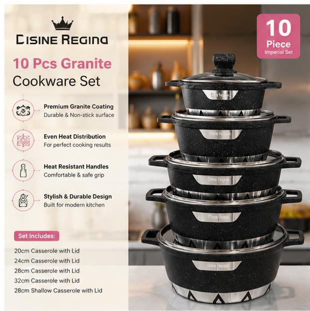 Cuisine Regina 10-Piece Granite Cookware Set – Non-Stick Casserole Set with Lids