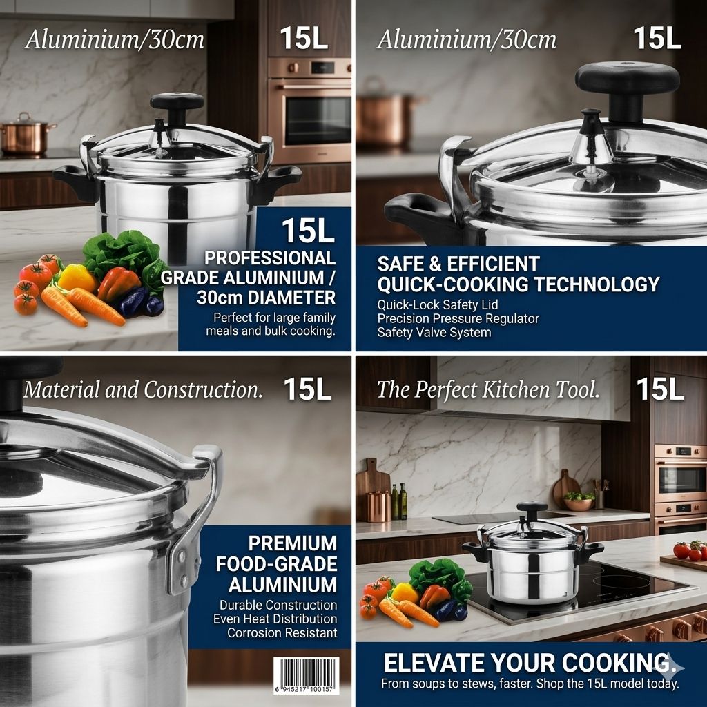 Professional Grade Aluminium Pressure Cooker 30cm | 15L | Quick-Lock Safety Lid