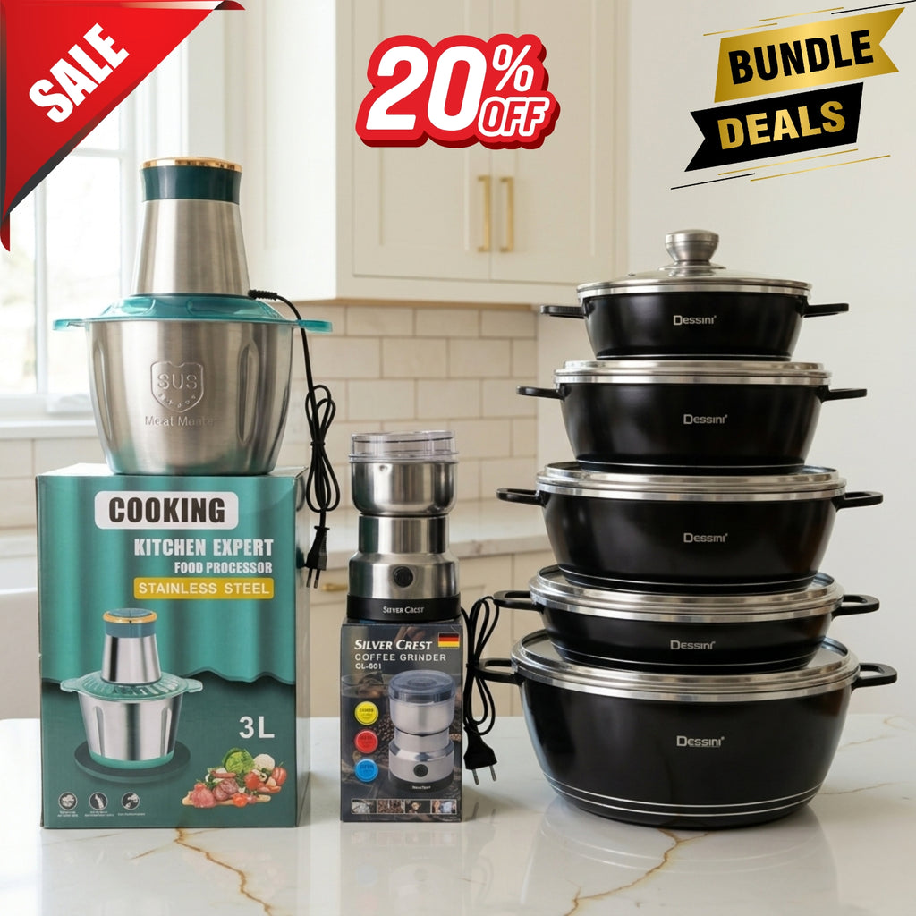 3 in 1 Bundle - 3L Electric Food Processor – 10 Pieces Granite Cookware Set - Coffee Grinder Spices Grinder