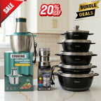 3 in 1 Bundle - 3L Electric Food Processor – 10 Pieces Granite Cookware Set - Coffee Grinder Spices Grinder