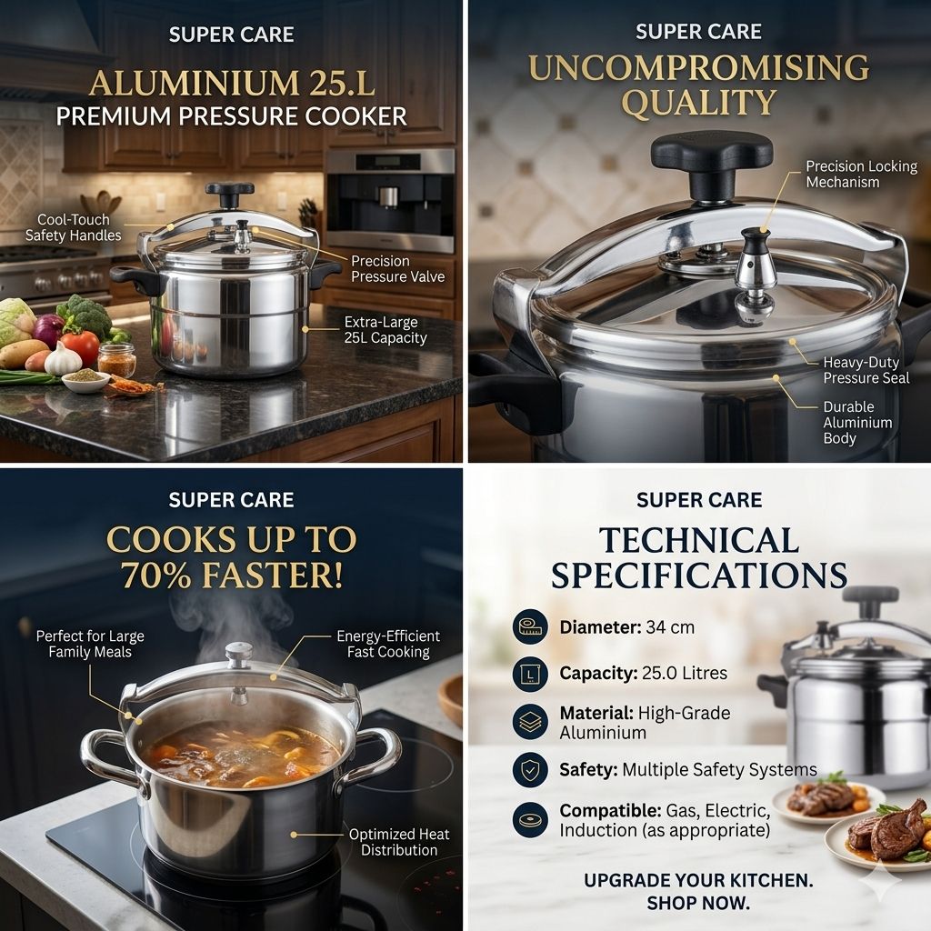 Super Care Aluminium 25L Premium Pressure Cooker 34cm | Multi-Safety System | Gas, Electric & Induction