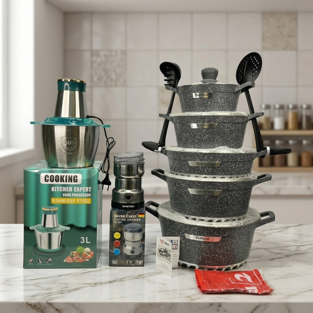 17-Piece Granite Non-Stick Cookware Set - 3L Food Processor - Spices Grinder – 3 in 1 Bundle