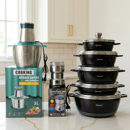 3 in 1 Bundle - 3L Electric Food Processor – 10 Pieces Granite Cookware Set - Coffee Grinder Spices Grinder