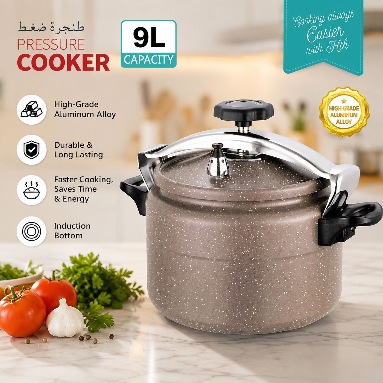 HTH 9L Granite Aluminum Alloy Pressure Cooker | Induction Bottom | Large Family Cooker