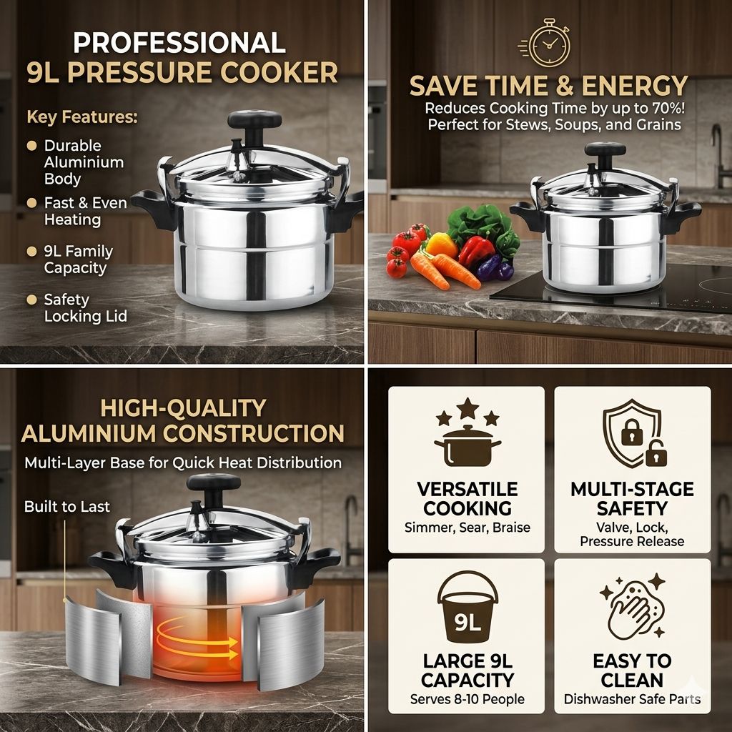 Professional 9L Aluminium Pressure Cooker | Safety Locking Lid | Serves 8-10