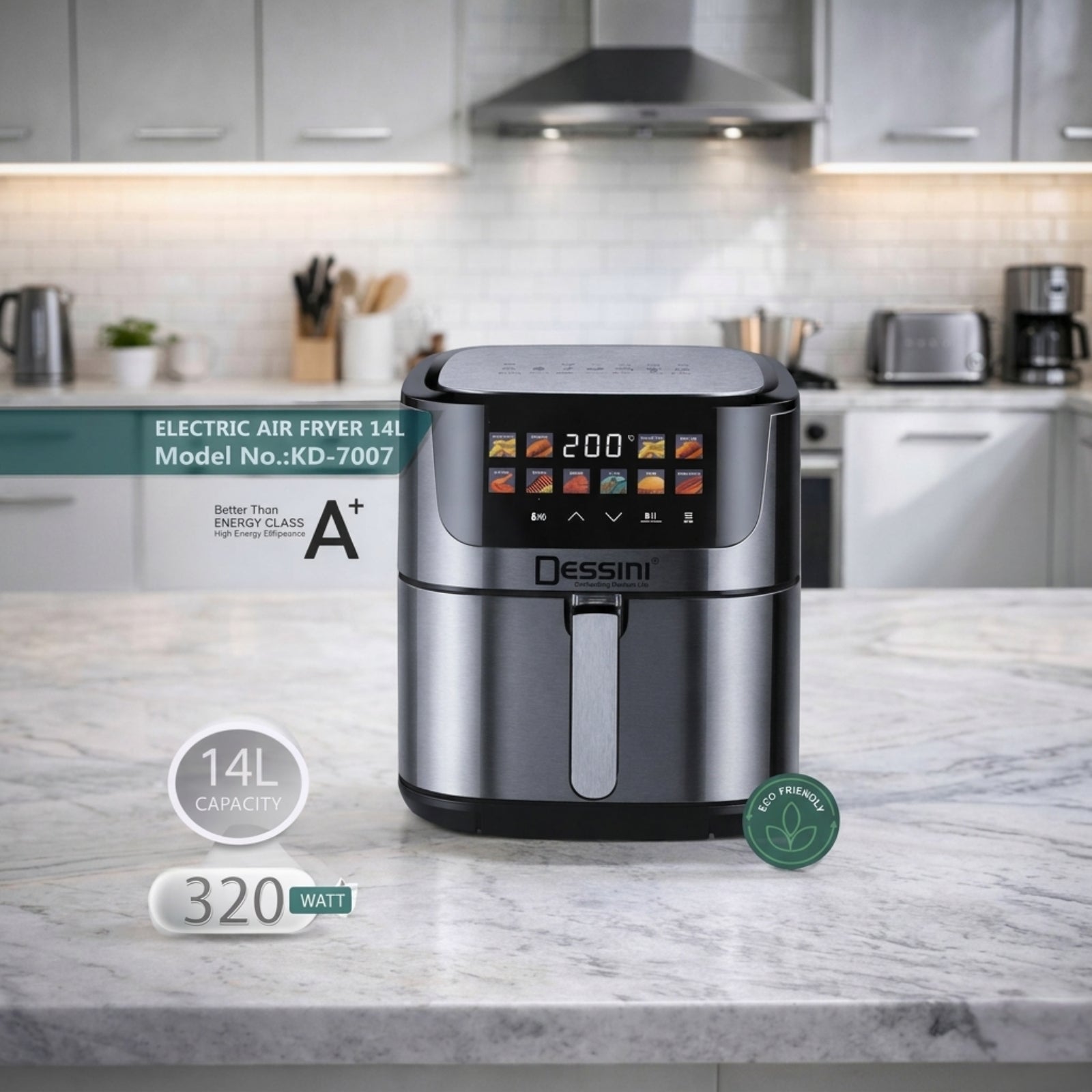 Dessini KD-7007 Electric Air Fryer 14L – A+ Energy Class, Eco Friendly Digital Touch