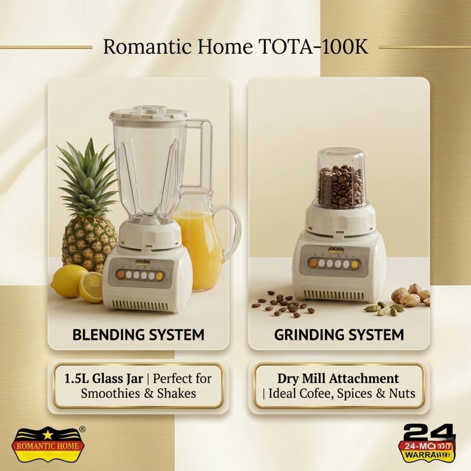 Romantic Home TOTA-100K Luxury Blender with Grinder Attachment – Elevate Your Kitchen