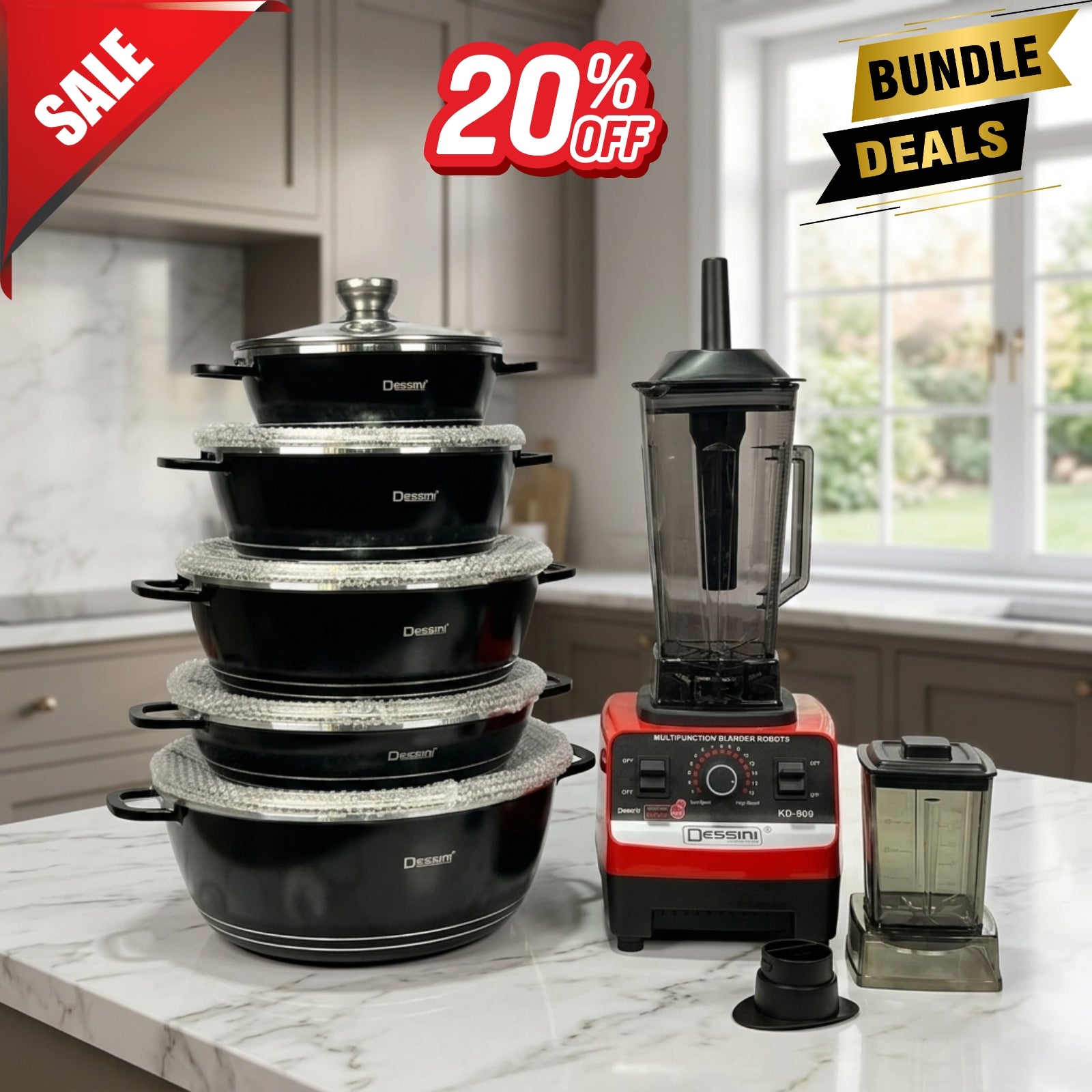 Dessini 2-in-1 Bundle – 10-Piece Granite Cookware Set & Multifunction Blender KD-909