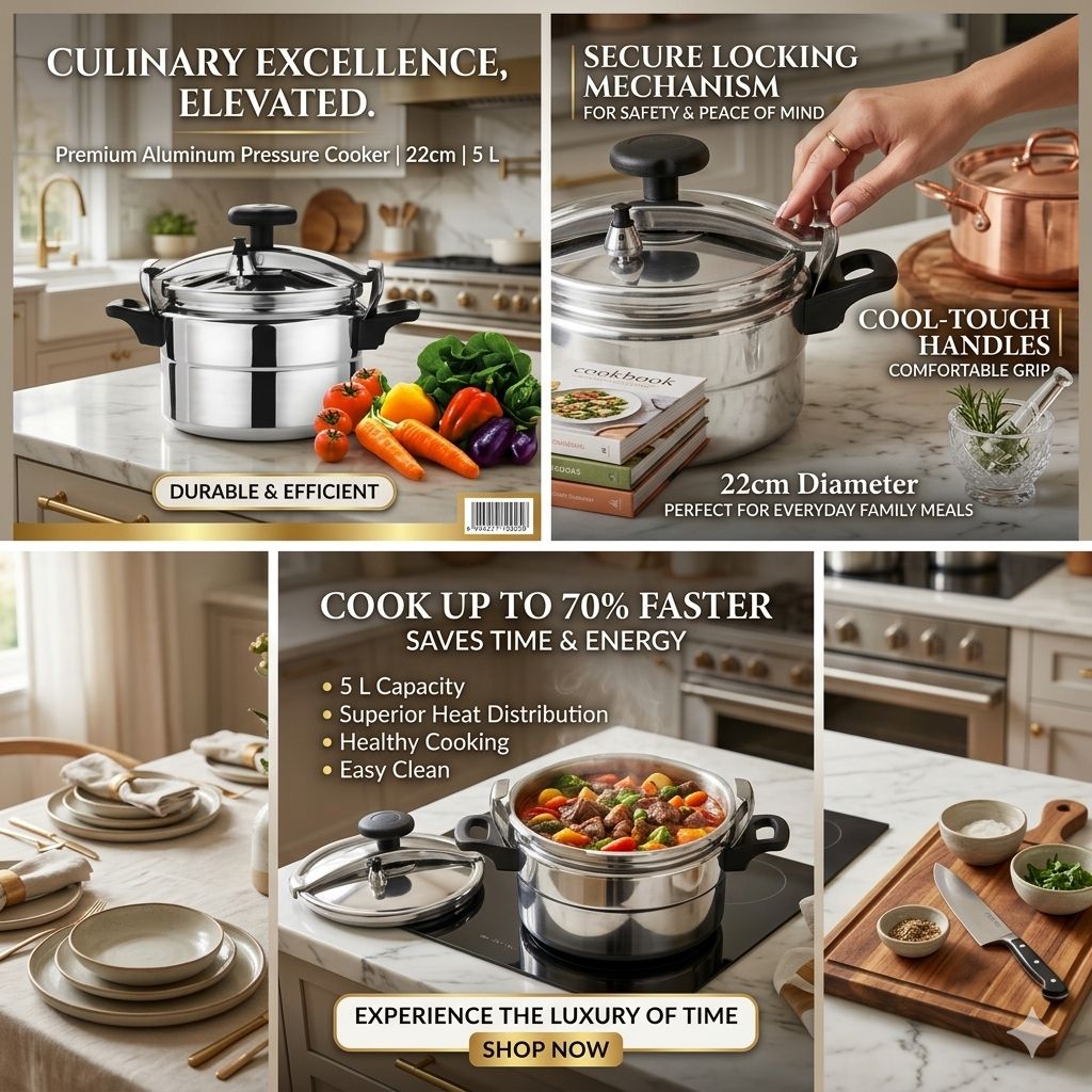 Premium Aluminum Pressure Cooker 22cm | 5L | Secure Lock & Cool-Touch Handles