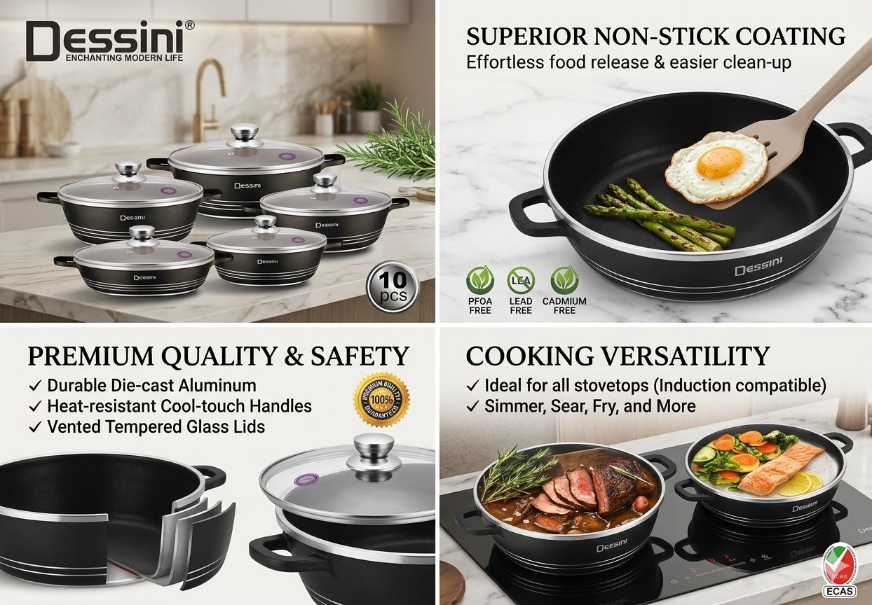 Dessini 10-Piece Non-Stick Cookware Set – Die-Cast Aluminum | Induction Compatible
