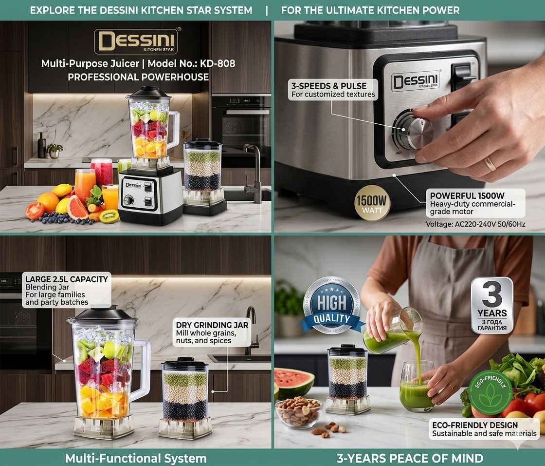 Dessini Kitchen Star 1500W Multi-Purpose Juicer Blender | Model KD-808 | 3-Year Guarantee