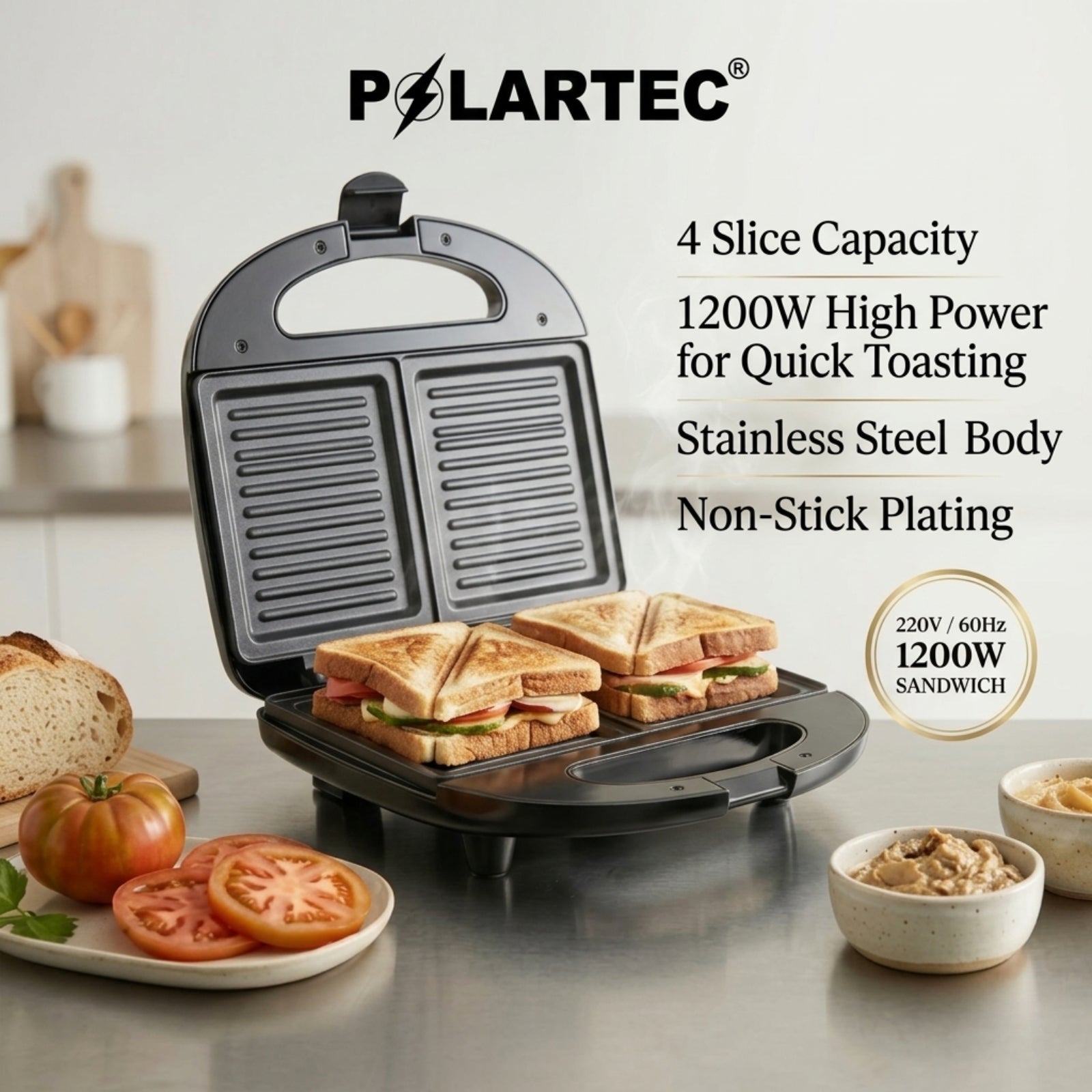 Polartec 4-Slice Sandwich Maker 1200W – Non-Stick Stainless Steel