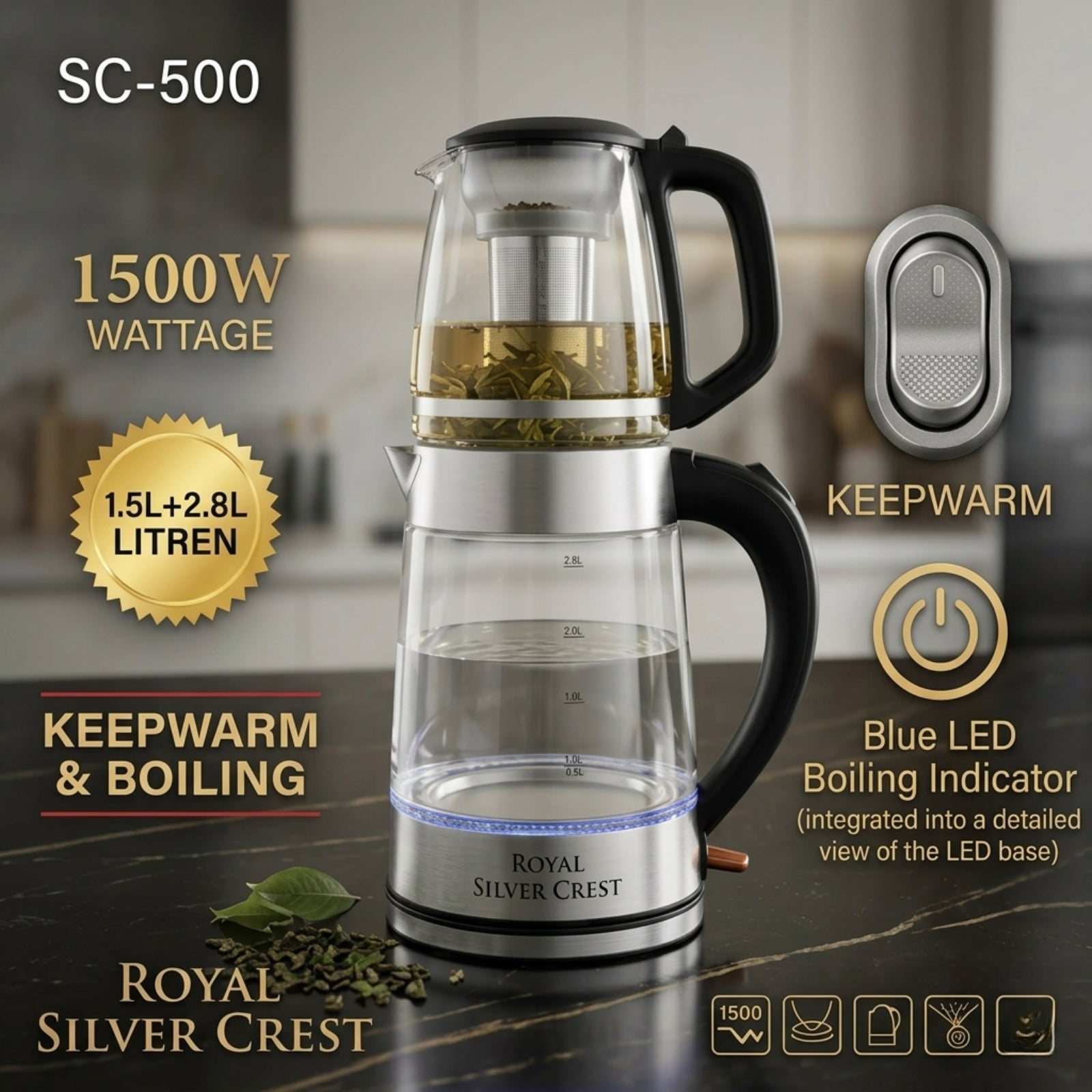 Royal Silver Crest SC-500 Electric Tea Maker – 1500W, 1.5L + 2.8L Glass Kettle