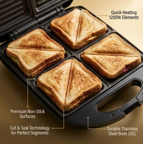 Polartec 4-Slice Sandwich Maker 1200W – Non-Stick Stainless Steel