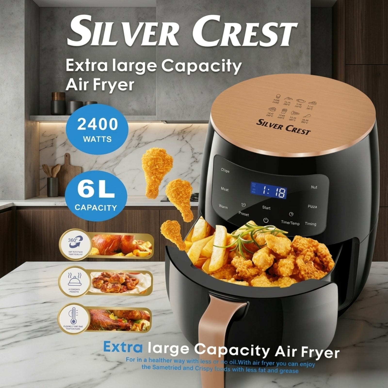 Silver Crest Extra Large 6L Air Fryer – 2400W with Digital Display & Preset Programs