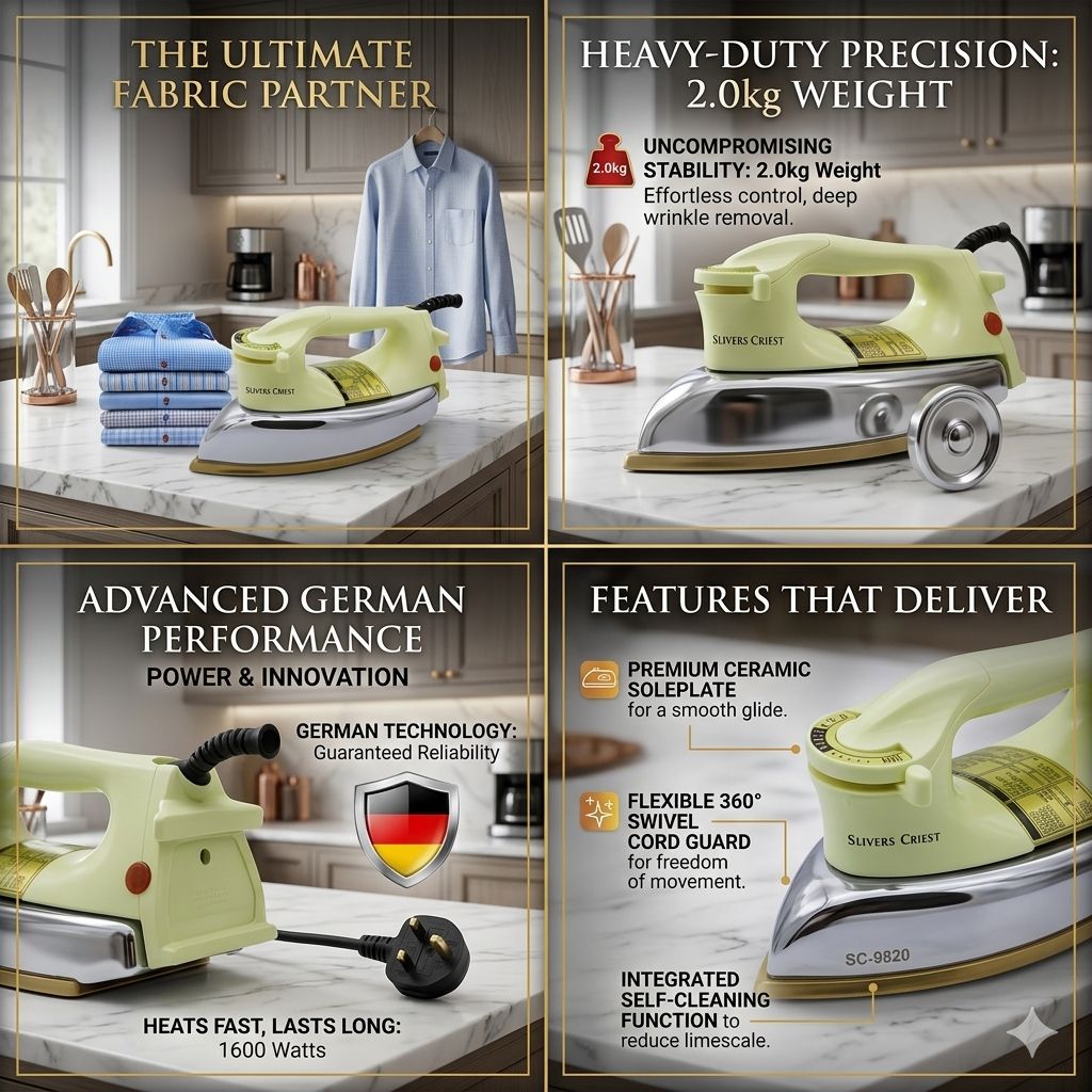 Slivers Criest SC-9820 Heavy Duty Dry Iron 1600W – German Technology | Ceramic Soleplate