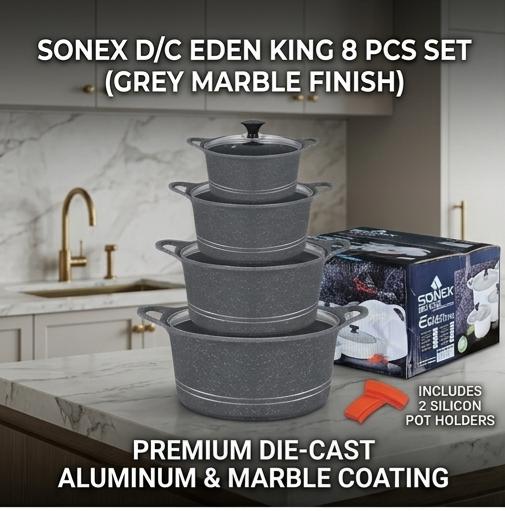 Sonex D/C Eden King 8-Piece Grey Marble Die Cast Cookware Set with Silicon Pot Holders