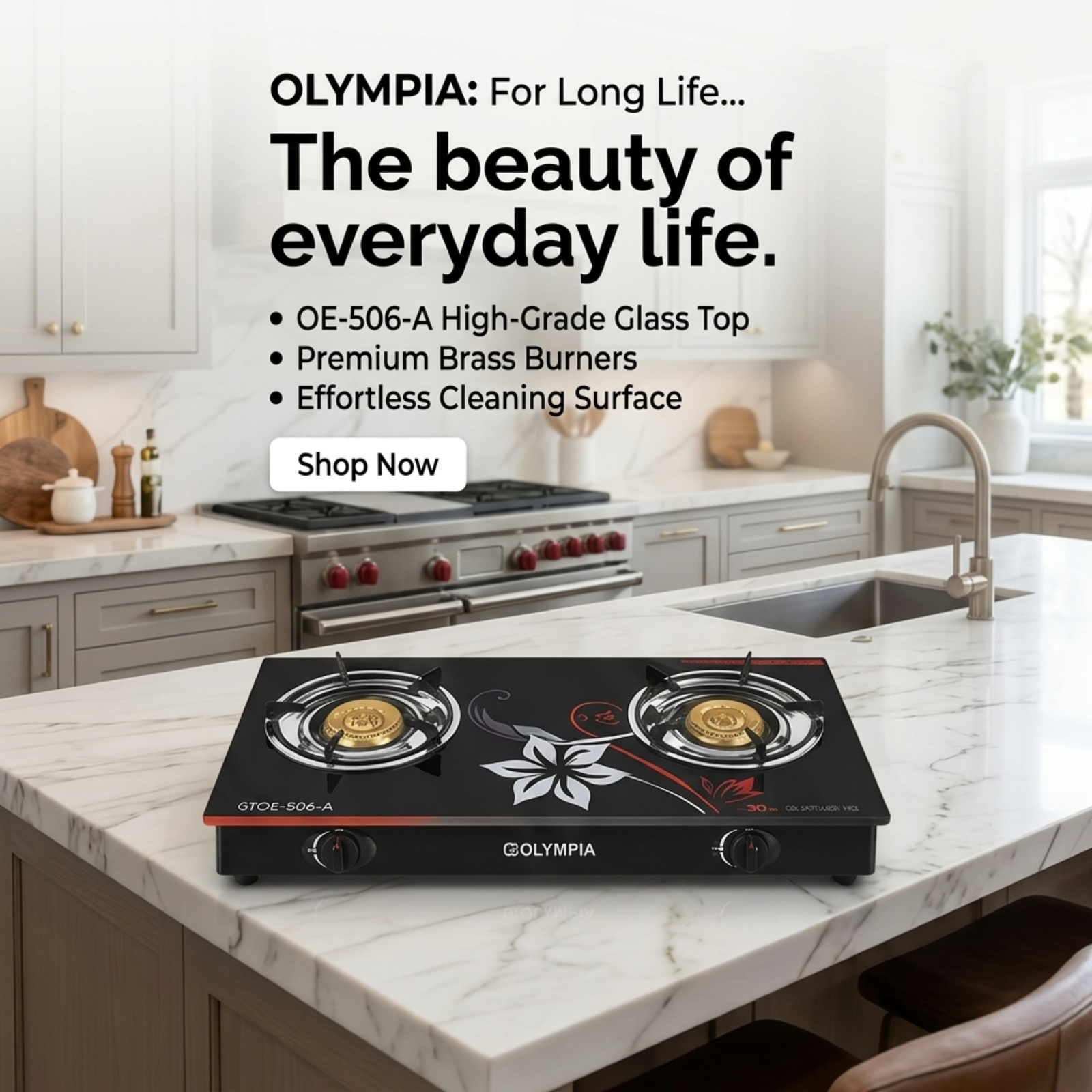 Olympia GTOE-506-A Glass Top Double Burner Gas Stove | Premium Brass Burners