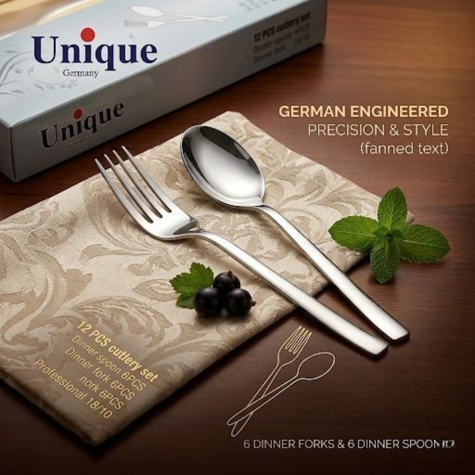 Unique Germany 12-Piece Stainless Steel Cutlery Set – Professional 18/10, 6 Forks & 6 Spoons