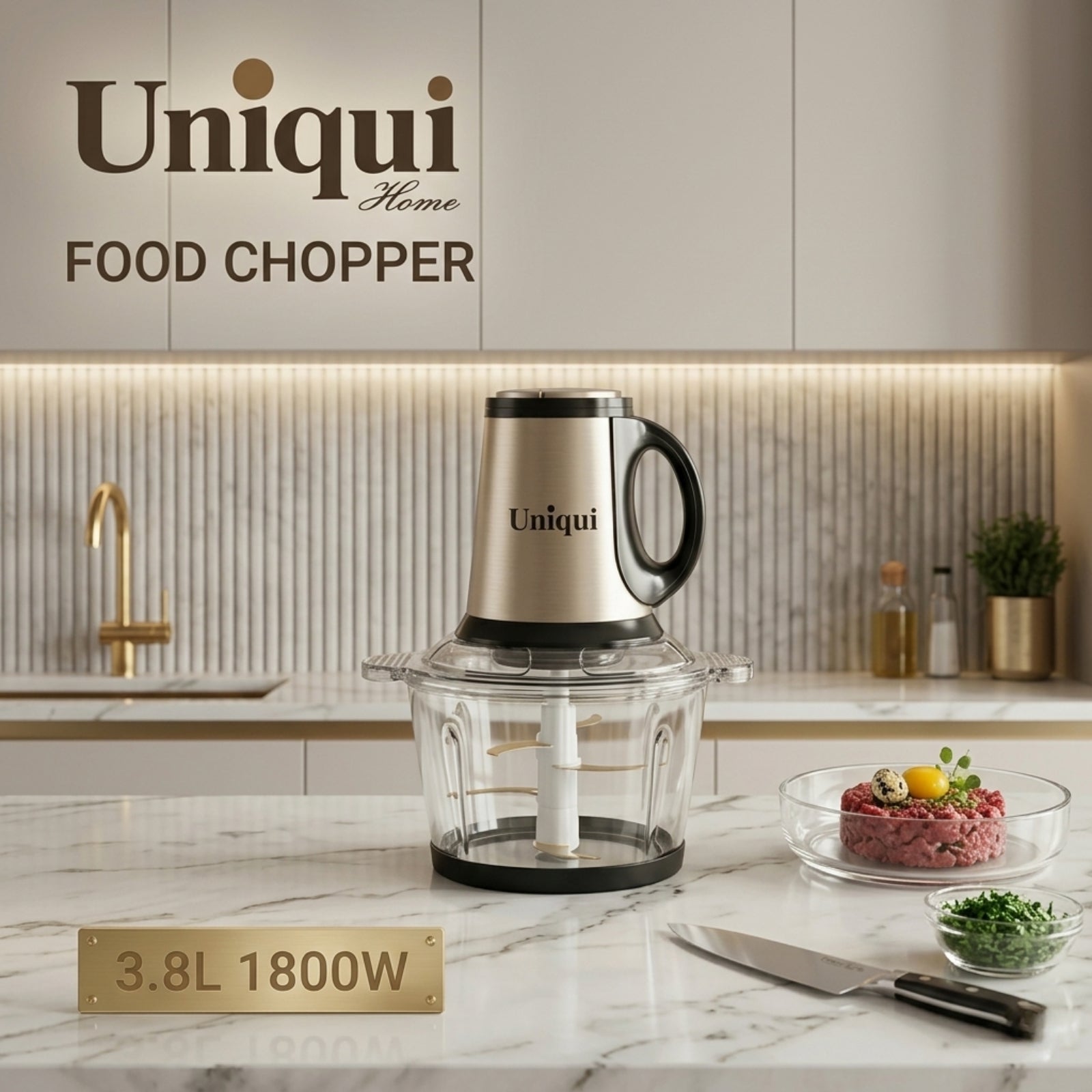 Uniqui Home 3.8L Electric Food Chopper – 1800W, Stainless Steel Blades & Glass Bowl