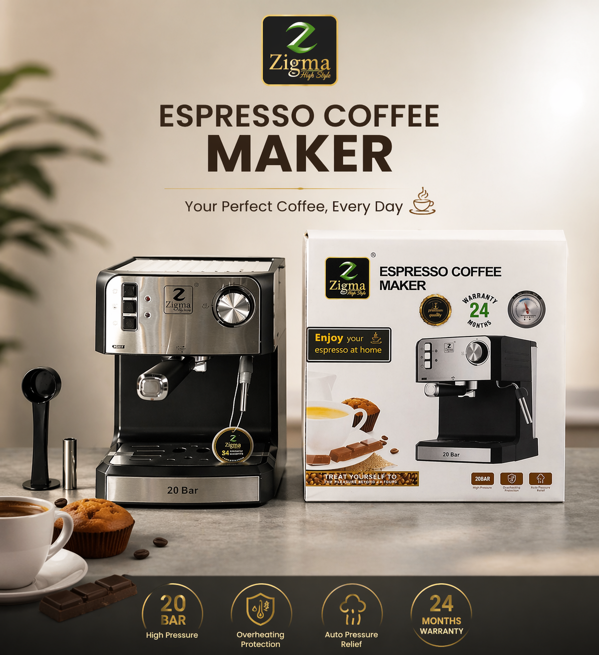 Zigma Espresso Coffee Maker 20 Bar – Home Espresso Machine with Steam Wand
